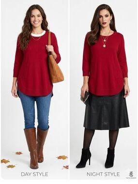 Tint & Shadow Tunic Sweater in Deep Red 3/4 Sleeves